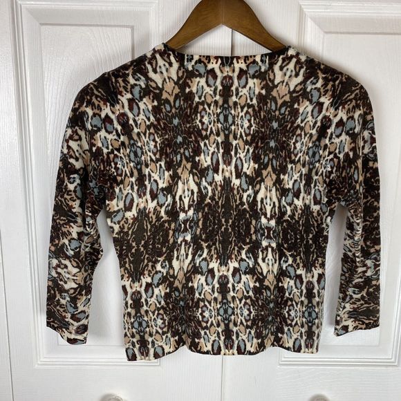 Garnet Hill S Sweater Cardigan Floral Abstract 100% Merino Wool 3/4 Sleeves - Picture 2 of 4